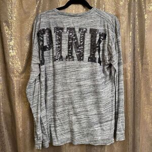 PINK Victorias Secret Gray Bling Sequined Shoulder Logo Campus Top Large